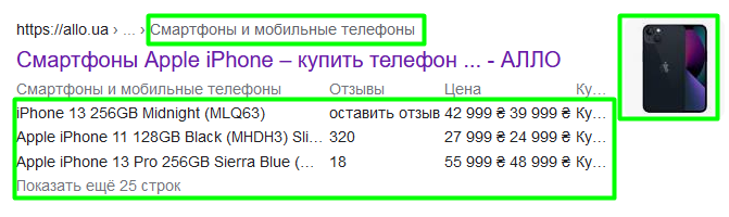 Сниппет с картинкой, хлебными крошками и таблицей